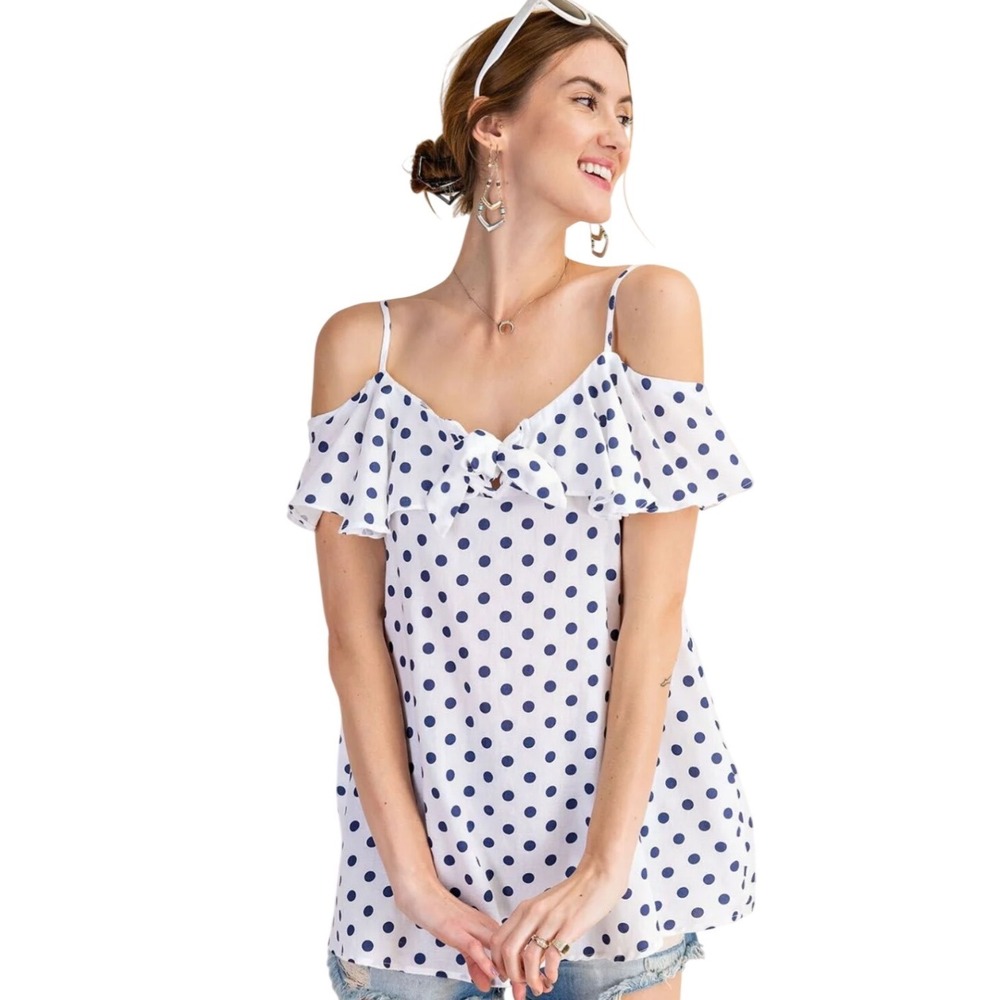 Easel Los Angeles Polka Dot Cold Shoulder Ruffle Tie Front Top White Navy Small